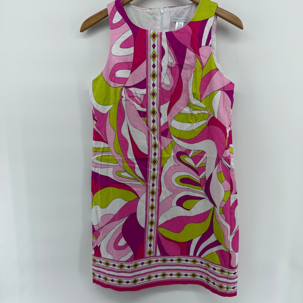 London Times Pink Green Psychedelic Swirl Shift Dress Sleeveless Size 10